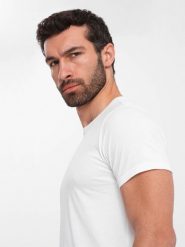Męski klasyczny bawełniany T-shirt BASIC - biały V4 OM-TSBS-0146 - XXL. Białe t-shirty męskie Ombre Clothing, l, bez wzorów, z bawełny, bez kołnierzyka, bez ramiączek. W wyprzedaży za 24.99 zł.