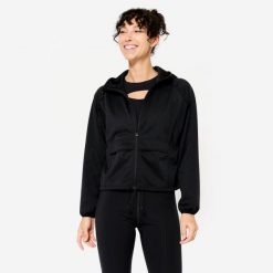 Bluza na zamek damska Domyos fitness. Czarne bluzy damskie DOMYOS, xs, bez wzorów, z materiału, sportowe, bez ramiączek, bez kaptura. Za 149.99 zł.