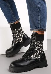 Czarne Botki Workery z Elastyczną Cholewką Sznurowane Eideia. Czarne botki damskie Renee, z aplikacjami, z dzianiny, eleganckie, bez obcasa, na obcasie, bez zapięcia. Za 54.99 zł.