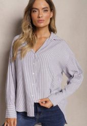Granatowa Koszula z Lnu i Wiskozy Ozdobiona Wzorem w Paski Iveleira. Niebieskie koszule damskie Renee, l, bez wzorów, z jeansu, biznesowe, bez kołnierzyka, bez ramiączek. Za 74.99 zł.
