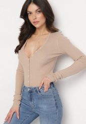 Beżowy Rozpinany Prążkowany Kardigan z Wiskozą Korivaria. Brązowe kardigany damskie Born2be, m, bez wzorów, z jeansu, eleganckie, bez kołnierzyka. Za 69.99 zł.