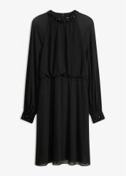 Sukienka koktajlowa zdobiona kryształkami. Czarne sukienki damskie bonprix, z aplikacjami, eleganckie, bez kołnierzyka, bez ramiączek. Za 249.99 zł.