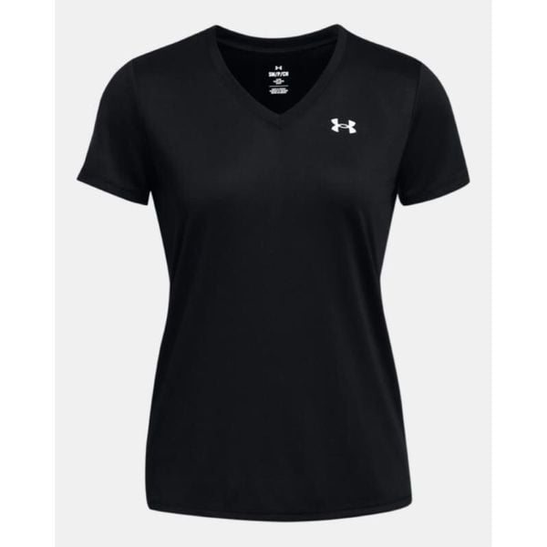 Koszulka treningowa damska Under Armour UA Tech V-Neck. Czarne bluzki damskie Under Armour, bez wzorów, sportowe, bez kołnierzyka, bez ramiączek. Za 91.99 zł.
