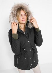Parka ocieplana na podszewce. Czarne parki damskie bonprix, bez wzorów, z kapturem. Za 319.99 zł.