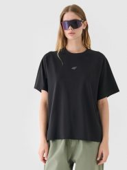 4F T-shirt oversize z nadrukiem damski - czarny M. Czarne t-shirty damskie 4F, m, bez wzorów, z bawełny, klasyczne, bez kołnierzyka, bez ramiączek. W wyprzedaży za 29.99 zł.