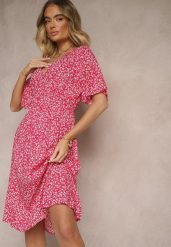 Różowa Rozkloszowana Sukienka Bawełniana w Kwiatowy Print Ezrive. Czerwone sukienki damskie Renee, na co dzień, na lato, l, bez wzorów, z bawełny, klasyczne, bez kołnierzyka, bez ramiączek, midi, rozkloszowane. Za 59.99 zł.