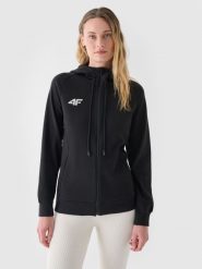 4F Bluza dresowa rozpinana z kapturem damska - czarna S. Czarne bluzy damskie 4F, s, bez wzorów, z bawełny, sportowe, bez ramiączek, z kapturem. W wyprzedaży za 159.99 zł.