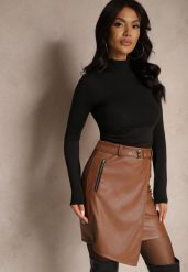 Brązowa Spódnica z Wiskozą o Asymetrycznym Kroju z Imitacji Skóry z Paskiem Zenezi. Brązowe spódnice damskie Renee, na spotkanie biznesowe, s, bez wzorów, ze skóry, eleganckie, mini, asymetryczne. Za 79.99 zł.