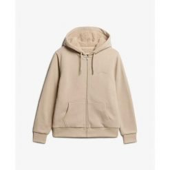 Damska bluza zapinana na zamek z kapturem z wełnianą podszewką Superdry. Szare bluzy damskie Superdry, xl, bez wzorów, z dresówki, eleganckie, bez ramiączek, z kapturem. Za 404.05 zł.