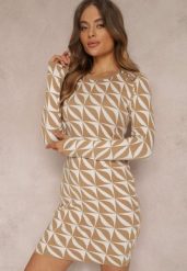 Biało-Beżowa Sukienka Dzianinowa w Geometryczny Wzór Chlaria. Brązowe sukienki damskie Renee, m, bez wzorów, z dzianiny, eleganckie, bez kołnierzyka, bez ramiączek, mini, dopasowane. Za 89.99 zł.