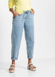 Jeansy barrel, średni stan, z elastyczną gumą w talii. Niebieskie jeansy damskie bonprix, bez wzorów, z gumy. Za 147.99 zł.