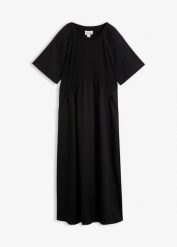 Bawełniana sukienka midi z miksu materiałów. Czarne sukienki damskie bonprix, bez wzorów, z bawełny, bez kołnierzyka, bez ramiączek, midi. Za 79.99 zł.