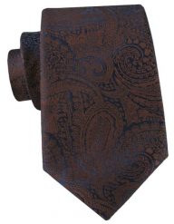 Krawat w Duży Brązowy Wzór Paisley na Granatowym Tle - Alties. Brązowe krawaty i muchy Alties, bez wzorów, z tkaniny, eleganckie. Za 55.00 zł.
