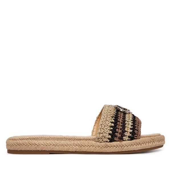 Klapki Guess. Brązowe klapki damskie Guess, z aplikacjami, bez obcasa, bez zapięcia. Za 336.99 zł.