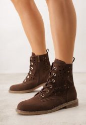 Brązowe Ażurowe Botki Skórzane Adeis. Brązowe botki damskie Born2be, w ażurowe wzory, z jeansu, bez obcasa, na płaskiej podeszwie, bez zapięcia. Za 189.99 zł.