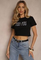 Czarny T-shirt z Bawełny Ozdobiony Łańcuchem i Napisem Olithel. Czarne t-shirty damskie Renee, m, bez wzorów, z bawełny, bez kołnierzyka, bez ramiączek. Za 39.99 zł.