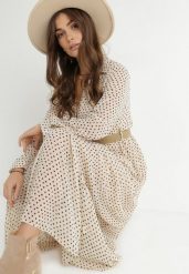 Jasnobeżowa Sukienka Z Paskiem Deinene. Brązowe sukienki damskie Born2be, l, bez wzorów, bez kołnierzyka, bez ramiączek, maxi, kopertowe. Za 159.99 zł.