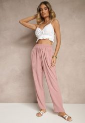 Różowe Spodnie z Bawełną o Szerokim Kroju High Waist Fanelithia. Czerwone spodnie materiałowe damskie Renee, bez wzorów, z bawełny, z podwyższonym stanem. Za 39.99 zł.