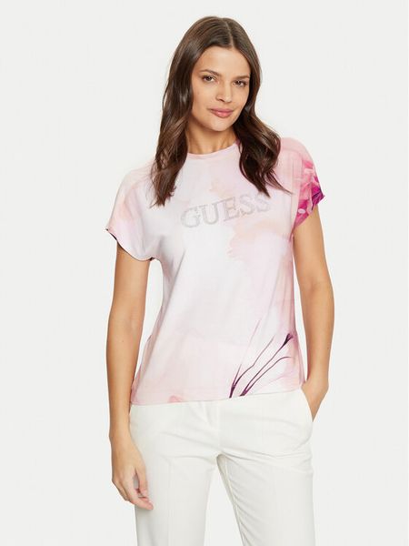 Guess T-Shirt W5RI09 K68D2 Różowy Regular Fit. Czerwone t-shirty damskie Guess, xs, z aplikacjami, z wiskozy, bez kołnierzyka, bez ramiączek. Za 149.99 zł.
