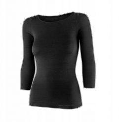 LS1628W Koszulka damska z rękawem 3/4 COMFORT MERINO czarny L. Czarne bluzki damskie Brubeck, l, bez wzorów, bez kołnierzyka, bez ramiączek. Za 247.33 zł.