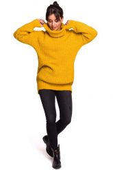 Miodowy Oversizowy Sweter-Tunika z Golfem. Pomarańczowe swetry nierozpinane damskie MOE, l, bez wzorów, z materiału, bez kołnierzyka, bez ramiączek. Za 203.90 zł.