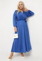 Niebieska Sukienka Maxi z Gumką w Pasie i Kopertowym Dekolcie Bertrama. Niebieskie sukienki damskie Born2be, l, bez wzorów, z materiału, bez kołnierzyka, bez ramiączek, maxi, kopertowe. Za 109.99 zł.