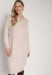 Jasnobeżowa Sweterkowa Sukienka Pudełkowa z Bawełną i Wełną Ozdobiona Suwakiem Reimia. Brązowe sukienki damskie Born2be, na co dzień, uniwersalny, bez wzorów, z bawełny, klasyczne, bez kołnierzyka, bez ramiączek. Za 79.99 zł.
