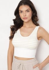 Biało-Beżowy Tank Top w Paski z Prążkowanej Tkaniny Sesillia. Brązowe topy damskie Born2be, s, bez wzorów, z jeansu, eleganckie, bez kołnierzyka, bez ramiączek. Za 24.99 zł.