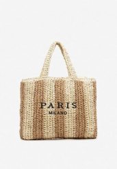 Beżowa Torebka Shopper Plażowa z Napisem Navirael. Brązowe torebki do ręki damskie Born2be, bez wzorów, bez dodatków. Za 79.99 zł.