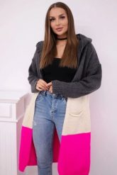 Sweter Kardigan z kapturem w pasy grafitowy+beżowy+różowy neon. Brązowe kardigany damskie KESI, l, bez wzorów, z jeansu, bez kołnierzyka, plus size. Za 209.08 zł.