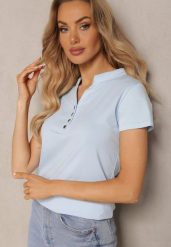 Jasnoniebieski Bawełniany T-shirt z Guzikami przy Dekolcie Wialina. Niebieskie t-shirty damskie Renee, s, bez wzorów, z bawełny, klasyczne, bez kołnierzyka, bez ramiączek. Za 39.99 zł.