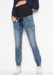 Dżinsy ciążowe jogger, z bawełny organicznej. Niebieskie jeansy damskie bonprix, bez wzorów, z bawełny, moda ciążowa. Za 147.99 zł.