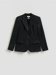 Lniana marynarka - czarny. Czarne marynarki i żakiety damskie Reserved, bez wzorów, bez kołnierzyka, bez ramiączek. Za 399.99 zł.