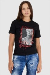 GUESS Czarny t-shirt damski z nadrukiem. Czarne t-shirty damskie Guess, s, z aplikacjami, z bawełny, bez kołnierzyka, bez ramiączek. W wyprzedaży za 129.99 zł.