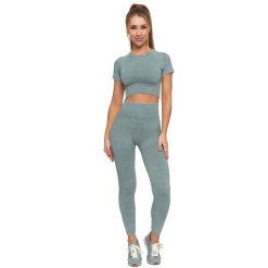 Komplet damski Moraj, top z krótkim rękawem i legginsy długie z wysokim stanem, zielone, BD1900-508 + RDL2200-013. Zielone legginsy sportowe damskie Moraj, m, bez wzorów, z materiału, z podwyższonym stanem, długie, na fitness i siłownię. Za 119.00 zł.