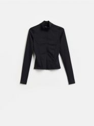 Bluza ze stójką - czarny. Czarne bluzy damskie Reserved, l, bez wzorów, z dzianiny, bez ramiączek, bez kaptura. Za 99.99 zł.