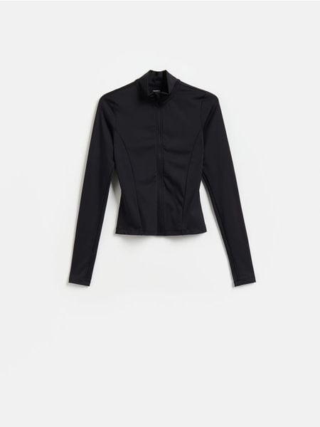 Bluza ze stójką - czarny. Czarne bluzy damskie Reserved, l, bez wzorów, z dzianiny, bez ramiączek, bez kaptura. Za 99.99 zł.
