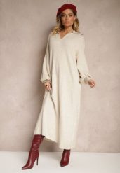 Jasnobeżowa Sweterkowa Sukienka z Wiskozą o Pudełkowym Kroju Ozdobiona Kołnierzykiem Clarinnae. Brązowe sukienki damskie Renee, bez wzorów, z wiskozy, eleganckie, bez kołnierzyka, bez ramiączek, maxi, kopertowe. Za 119.99 zł.