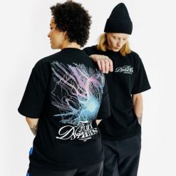 Koszulka z grafiką. Czarne bluzki damskie Decathlon, l, bez wzorów, z bawełny, bez kołnierzyka, bez ramiączek. W wyprzedaży za 49.99 zł.