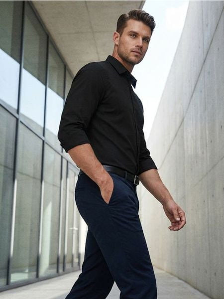 Gładka koszula basic - czarny. Czarne koszule męskie Sinsay, l, bez wzorów, bez kołnierzyka, bez ramiączek. Za 39.99 zł.