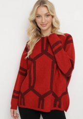 Czerwony Sweter z Geometrycznym Wzorem i Ściągaczami Buvania. Czerwone swetry nierozpinane damskie Born2be, xl, bez wzorów, bez kołnierzyka, bez ramiączek. Za 99.99 zł.