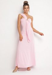 Różowa Koktajlowa Taliowana Sukienka na Jedno Ramię z Metaliczną Ozdobą Divalline. Czerwone sukienki damskie Born2be, na imprezę, m, z aplikacjami, eleganckie, z asymetrycznym kołnierzem, bez ramiączek, maxi, asymetryczne. Za 109.99 zł.