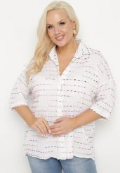 Biała Koszula z Bawełny Ozdobiona Metaliczną Nicią Edirina. Białe koszule damskie Born2be, l, bez wzorów, z bawełny, eleganckie, bez kołnierzyka, bez ramiączek. Za 39.99 zł.