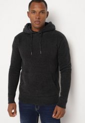 Granatowa Bluza z Wełną i Kapturem Ozdobiona Sznurkami Karitta. Niebieskie bluzy męskie Born2be, l, bez wzorów, z jeansu. Za 89.99 zł.