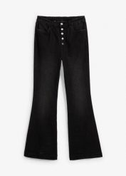 Jeansy z rozszerzanym dołem, high waist, z wygodnym pasem. Czarne jeansy damskie bonprix, bez wzorów, z jeansu, z podwyższonym stanem. Za 169.99 zł.