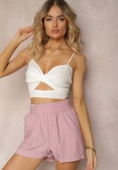 Ciemnoróżowe Szorty High Waist z Gumką w Pasie Kerpia. Czerwone szorty damskie Renee, bez wzorów, z bawełny, eleganckie, z podwyższonym stanem. Za 39.99 zł.