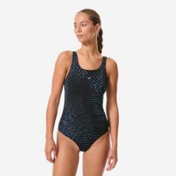 Strój jednoczęściowy pływacki damski Nabaiji Kimy Trai. Czarne stroje kąpielowe damskie Decathlon, s, bez wzorów, z elastanu. Za 119.99 zł.