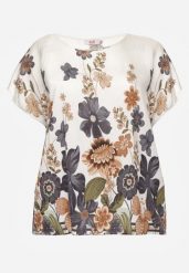 Granatowa Wiskozowa Bluzka w Kwiaty Talina. Niebieskie bluzki damskie Born2be, l, bez wzorów, z jeansu, eleganckie, bez kołnierzyka, bez ramiączek. Za 49.99 zł.