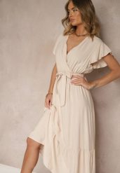 Beżowa Kopertowa Sukienka z Wiskozy Ozdobiona Paskiem Savioneira. Brązowe sukienki damskie Renee, na co dzień, l, bez wzorów, z jeansu, eleganckie, bez kołnierzyka, bez ramiączek, maxi, kopertowe. Za 54.99 zł.