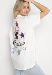 Biały T-shirt z Bawełną Ozdobiony Gwiazdami Karretia. Białe t-shirty damskie Born2be, m, bez wzorów, z bawełny, eleganckie, bez kołnierzyka, bez ramiączek. Za 49.99 zł.